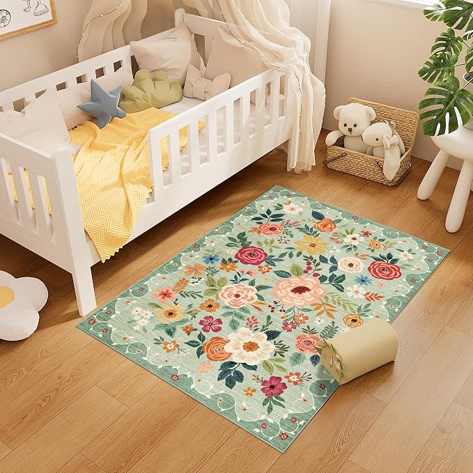 DUKINO 3x4 Area Rug, Floral Washable Rug for Kitchen Non Slip, Green | Low Pile, Soft, Stain Resistant Indoor Rug for Entryway, Bedroom, Bathroom, Laundry, Pet Friendly, Home Decor, Lightweight