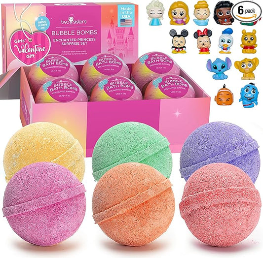 Princess Bath Bombs for Girls with Surprise Toys Inside (6 Pack) – Large Fizzy Bubble Bath Bomb for Kids - Princess, Mermaid, Fairytale Bath Toys – Fruity Scent, Skin-Safe, Made in USA by Two Sisters