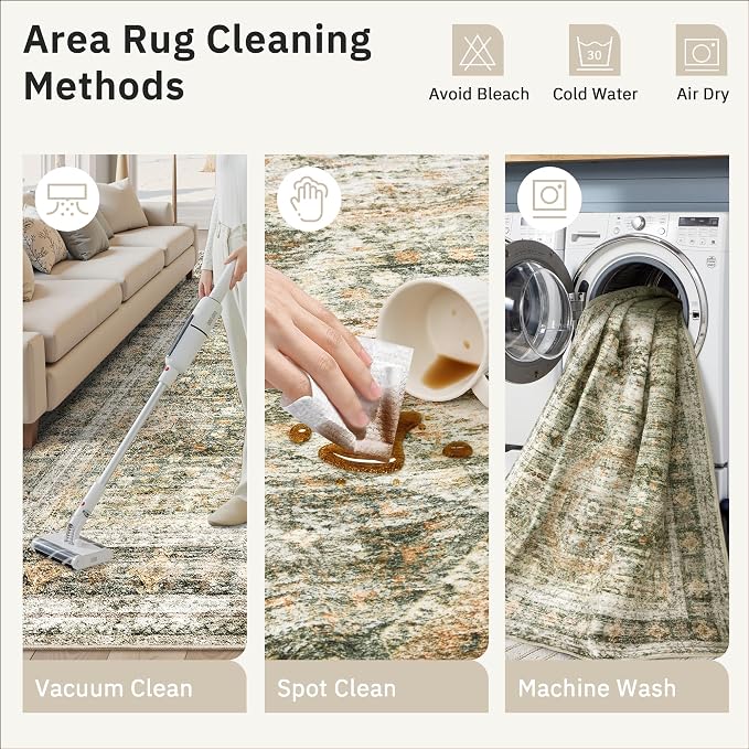 Soalmost 6x9 Area Rug for Living Room Washable Rugs Non-Slip Green/Orange | Low-Pile Vintage Carpet for Dining Bedroom, Foldable Thin Stain Resistant Floor Mat Under Table Home Office Nursery Decor