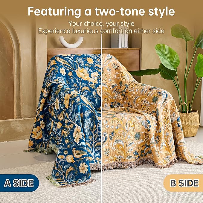 VANJOROY Boho Throw Blanket, 100% Organic Cotton Breathable Ultra Soft 91" x 108" King Bed Quilt Throw - All Season Floral Rustic Farmhouse Decor Luxury Blanket for Sofa Couch Chair and Gift