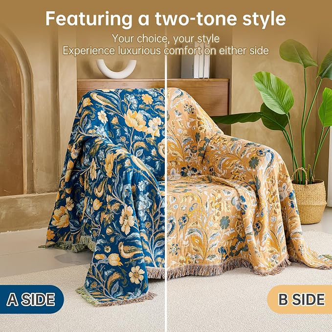 VANJOROY Boho Throw Blanket, 100% Organic Cotton Breathable Ultra Soft 80" x 90" Bed Quilt Throw - All Season Floral Rustic Farmhouse Decor Luxury Reversible Blanket for Sofa Couch Chair and Gift