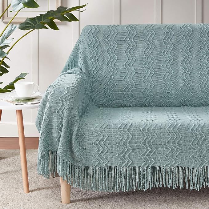 BOURINA Aqua Throw Blanket 50x60 Inch Boho Knitted Soft Throw Sofa Blanket | Knitted Throw Blanket 50x60 Inches, Soft Lightweight Boho Weave Throw Decorative Couch Blanket for Living Room Bedroom Chair