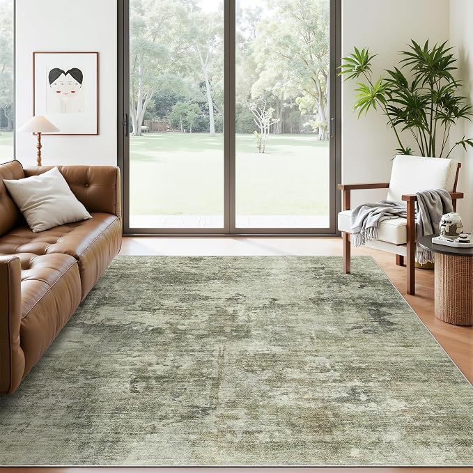 Soalmost Abstract Rug 5x7 Washable Area Rugs for Living Room, Green Black | Vintage Non-Slip Indoor Accent for Bedroom Dining, Foldable Stain Resistant Floor Carpet Mat Under Table Home Office Decor