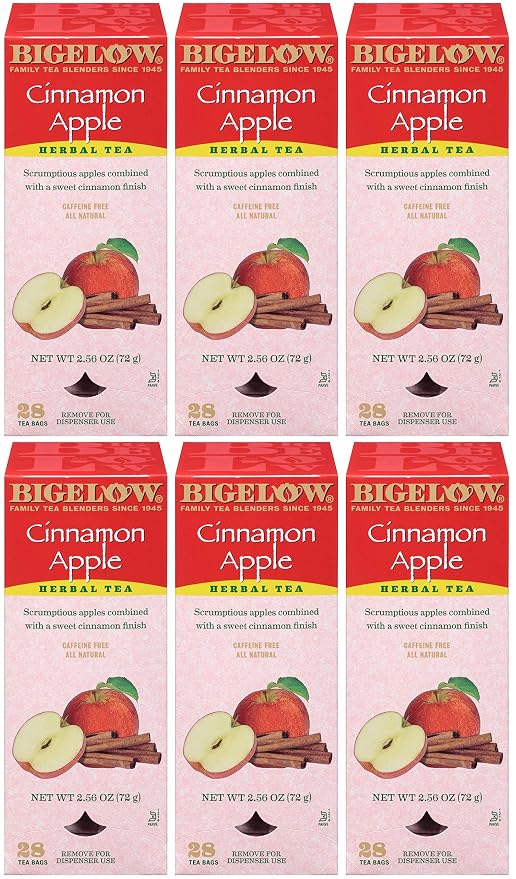 Bigelow Cinnamon Apple Herbal Tea Bags 28-Count Boxes (Pack of 6) Cinnamon Apple Hibiscus Flavored Herbal Tea Bags All Natural Non-GMO