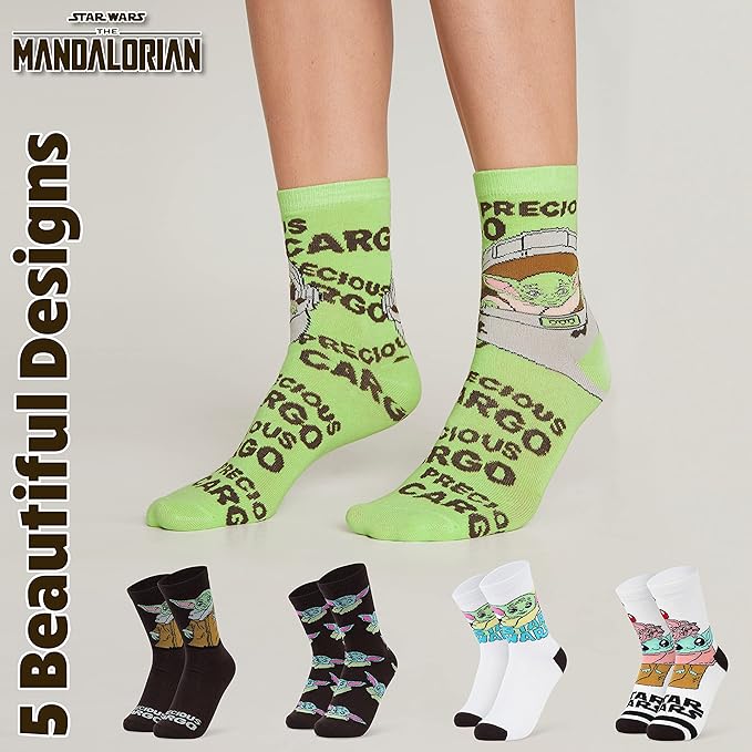 Disney Stitch Socks Gifts for Women Teens, US Size 4-9, Baby Yoda Pack of 5 Fuzzy Casual Crew Socks for Home Sleep Winter