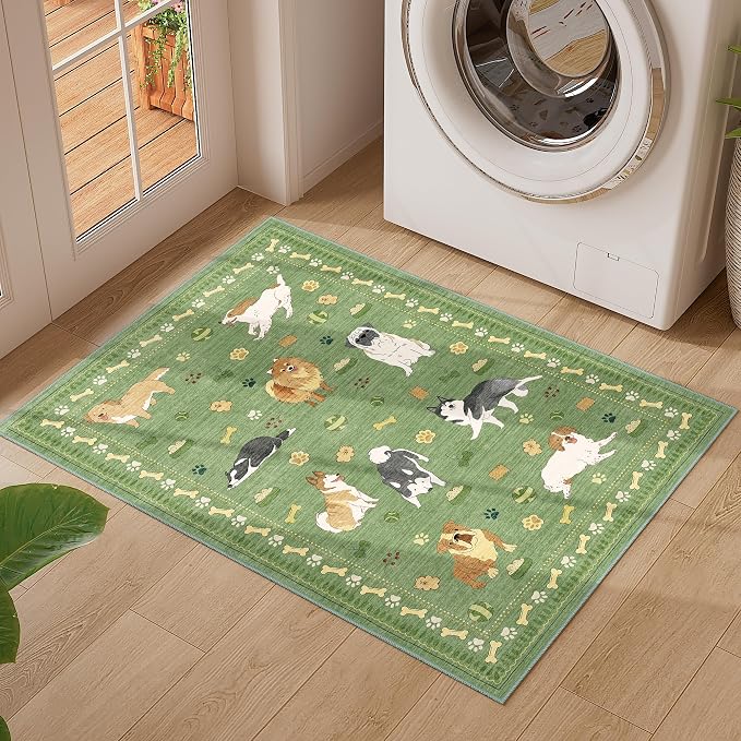DUKINO 2x3 Bathroom Rugs, Washable Dog Kitchen Rug Non Slip, Green | Low Pile, Stain Resistant Soft Indoor Door Mat, Small Front Door Animal Throw Carpet for Entryway Bedroom Farmhouse Kids Room