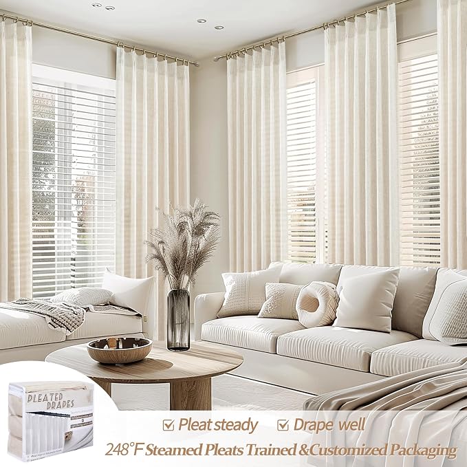 Pinch Pleated Semi Sheer 100 Inch Curtains, Pretty Neutral Cream Ivory Flax Linen Decorative Light Filtering Curtains & Drapes with Hooks Rings 2 Panels for Living Room Bedroom Birch 40"Wx100"L Inches