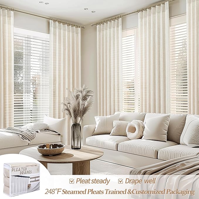 Unique Birch Pinch Pleat Bedroom Curtains 88 Inches Long 2 Panels Set, Memory Shape Natural Linen Semi Sheer Viral Curtain Light Filtering Heavy Aesthetic Window Drapes with Hooks & Rings for Sunroom