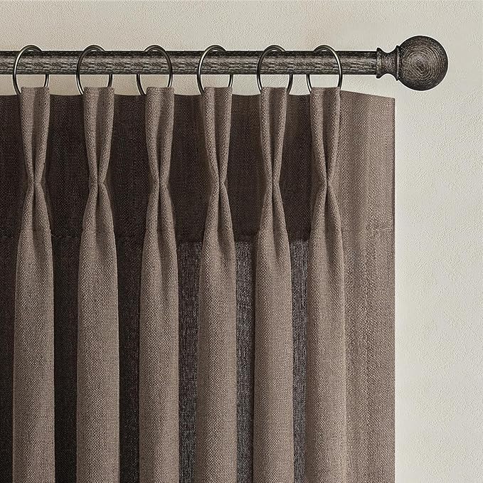 Pinch Pleated Dark Brown Semi Sheer Curtains 84 Inches Long for Living Room, Memory Trained Thick Linen Farmhouse Windows Drapes Light Filtering Privacy Bedroom Curtain 84 Inch Length 2 Panels Set
