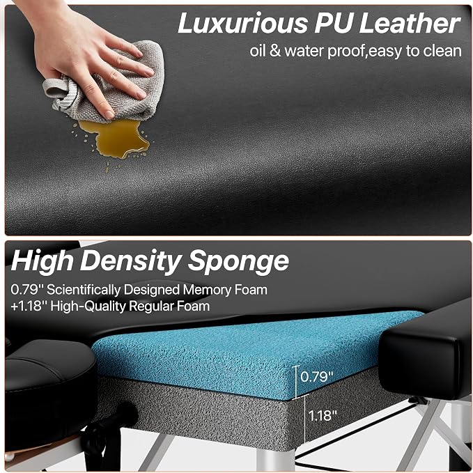 KCC Memory Foam Massage Table Premium Portable Foldable Massage Bed Height Adjustable, 84 Inches Long 28 Inchs Wide Home Salon Spa Bed Tattoo Table with Accessories &Carrying Case, Easy Set Up