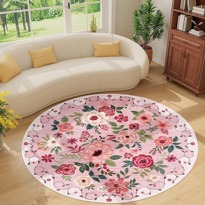 DUKINO 6ft Round Rug, Soft Washable Circle Rug for Bedroom Non Slip, Pink | Low Pile, Stain Resistant Indoor Rug for Living Room, Dining Room, Kids Room, Office, Pet Friendly, Home Decor, Non-Shedding
