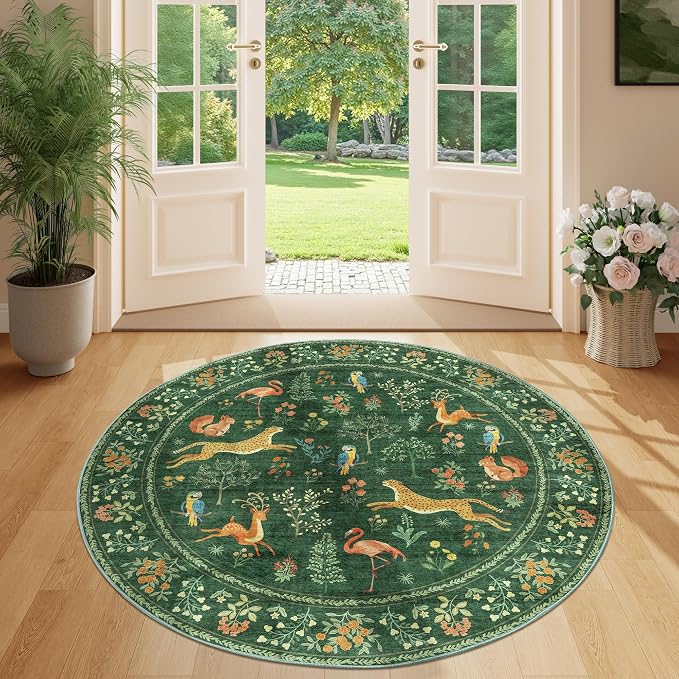DUKINO 4ft Round Rug, Washable Animal Small Round Area Rug Non Slip, Green | Low Pile, Soft, Non-Shedding Indoor Circle Carpet for Bedroom, Entryway, Living Room, Farmhouse, Pet Friendly, Lightweight
