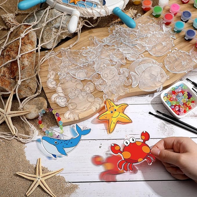 30 Sets Marine Animal Suncatchers Window Art Kits, DIY Sun Catchers Bulk Crafts Paint Your Own Window Sea Ocean Animal Ornaments for Boys Girls Classroom Home Party Birthday Activity Decor