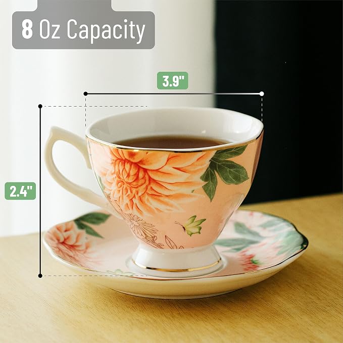 BTaT- Floral Tea Cups and Saucers, 6 Pack, 8 oz | Fine Porcelain Teacup Set Gold Trim Afternoon Tea Weddings Parties Gifting Dishwasher Safe Lightweight Non Toxic