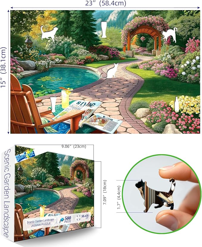 Puzzles for Adults 500 Piece Beautiful Garden Landscape with Tranquil Pool Jigsaw Puzzles Nature Flower Garden Cozy Scene with Letters on Back for Nature Lovers Ideal for Game Night (23''X15'')