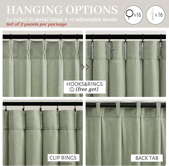 PleatedDrapes Sage Green Farmhouse Curtains for Living Room 96 Inches Long 2 Panels Set, Pinch Pleat Linen Sheer Curtain Light Filtering Privacy for 96 Inch Length Large Window Drape(Hooks & Back Tab)