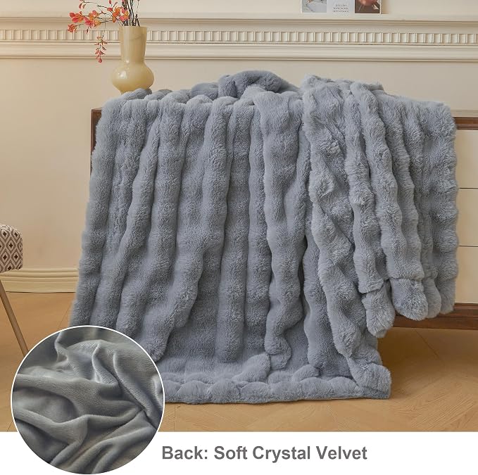 LIFEREVO Luxury Fluffy Faux Rabbit Fur Throw Blanket 50x60, Gray | Plush Shaggy Bubble Blanket for Bed Couch Sofa Office, Decorative Soft Cute Furry Lap Throw for Kids Teens Adults, Washable