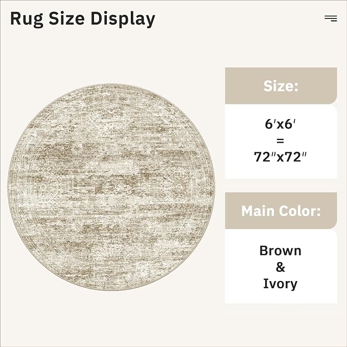Soalmost 6x6 Brown Round Rug 6ft Circle Living Room Area Rugs Non-Slip | Washable Vintage Indoor Carpet for Dining Bedroom, Low Pile Stain Resistant Foldable Floor Mat Entryway Home Office Decor
