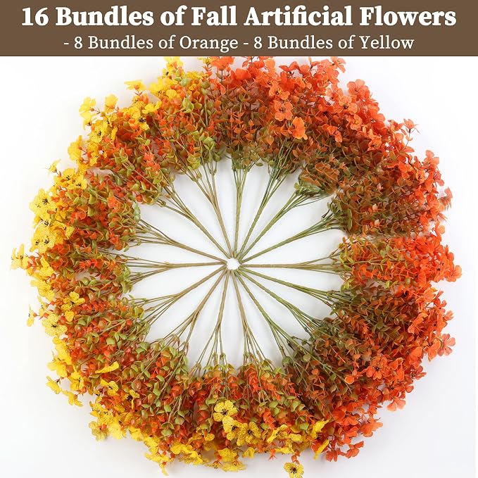 ColoPlay 16 Bundles Artificial Mums for Outdoors, Fake Flowers Fall Decor | Faux Mums for Outdoor Planters, Eucalyptus Leaves UV Resistant Fake Plants for Home Porch Box Wedding Farmhouse(Fall Orange)