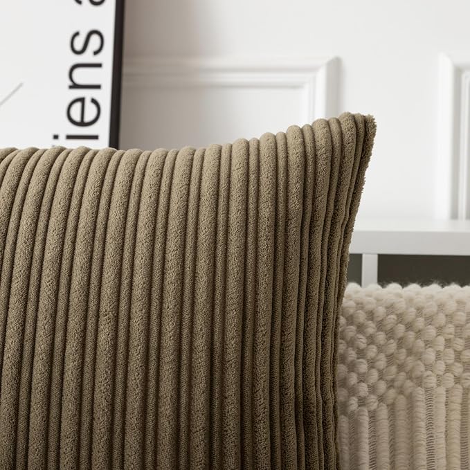 UGASA Velvet 12x20 Inch Lumbar Soft Throw Pillow Covers Decorative Corduroy Striped Both Sides Solid Rectangular Cushion Cases Boho Farmhouse for Couch Bedroom Sofa Home, Pack of 2, Olive Green