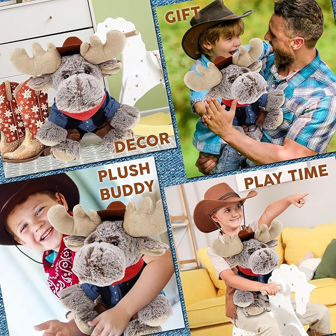 DolliBu Floppy Moose Stuffed Animal Cowboy Plush with Name Personalization - Western-Themed Moose Plush with Cute Cowboy Costume Denim Shirt Vest, Bandana, Leather Pants, and Hat - 12 Inches