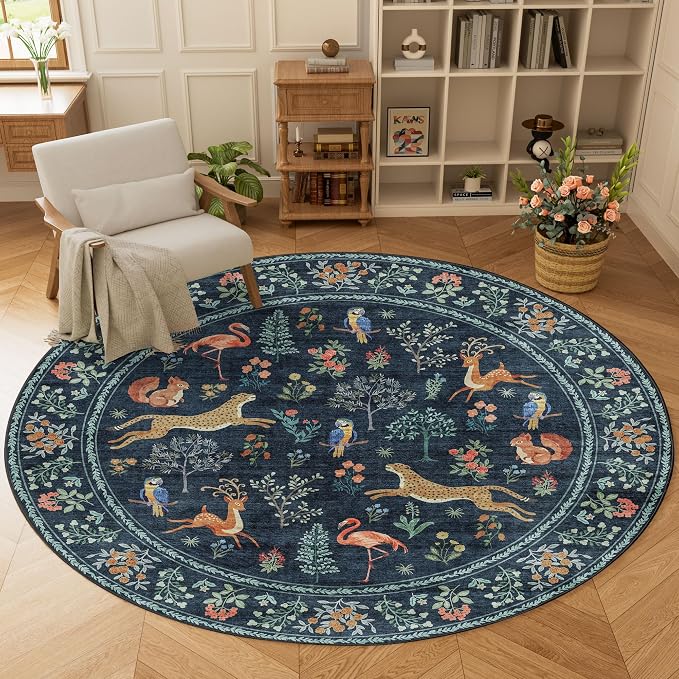 DUKINO 6ft Round Rug for Bedroom, WashableNon Slip Circle Rug, Navy Blue | Soft, Low Pile, Non-Shedding Indoor Carpet Runner for Entryway, Kitchen, Bedroom, Bathroom, Pet Friendly, Stain Resistant
