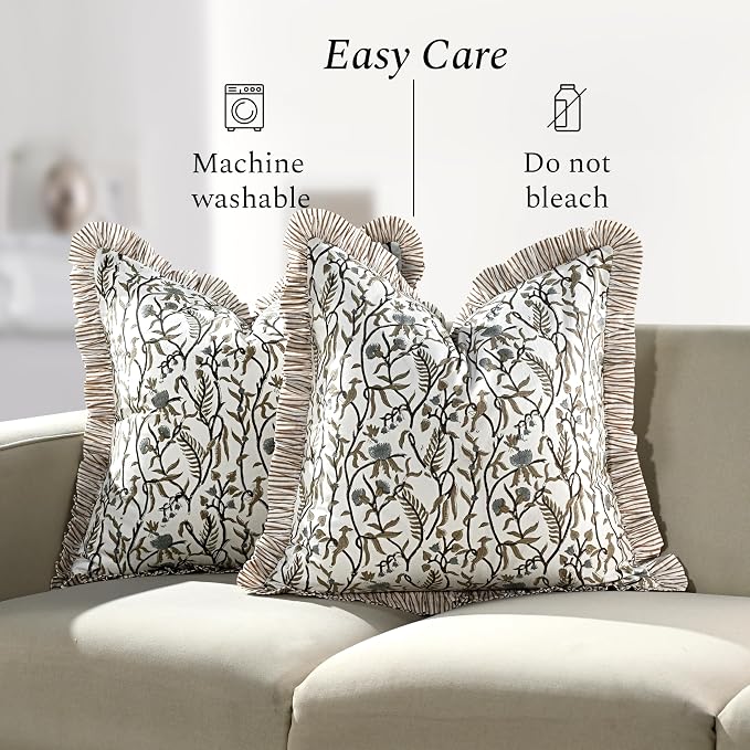 CPC Cocoa Vine Hand Block Print 100% Cotton Ruffle Throw Pillow Cover 20x20 inch with Hidden Zipper Decorative for Couch, Bed, Sofa, Farmhouse, Cottagecore Decor Gift Christmas Fall Thanksgiving