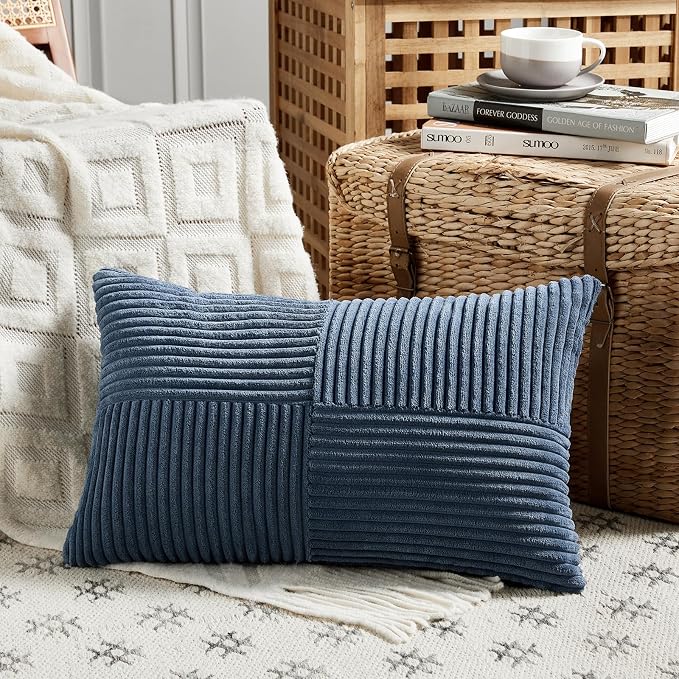 Fancy Homi 2 Packs Dusty Blue Lumbar Decorative Throw Pillow Covers 16x32 Inch for Couch Bed Sofa, Rustic Farmhouse Boho Home Decor, Soft Striped Corduroy Rectangle Accent Cushion Case 40x80 cm