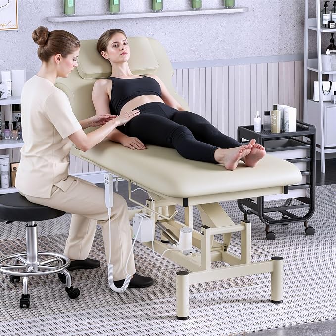 Olela 2 Motor Electric Massage Table, Professional Massage Table with Electric Adjustable Height & Backrest, Wide Treatment Tables with Metal Frame, PU Leather for Massage, Spa, Tattoo