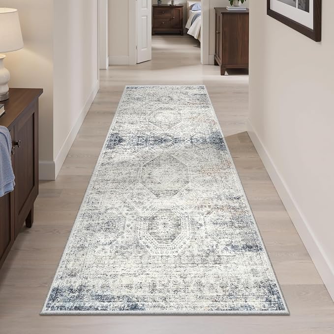 Soalmost Runner Rug 2x6 Washable Kitchen Hallway Runners Blue/Ivory | Non-Slip Low-Pile Rugs for Entry Bathroom Laundry Room, Vintage Foldable Floor Carpet Mat Entryway for Corridor Bedroom
