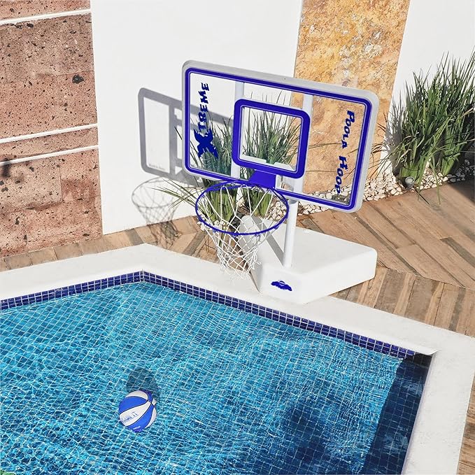 Dunn-Rite Splash & Shoot Outdoor Adjustable Height Swimming Pool Basketball Hoop w/Ball, Base, & 18 Inch Stainless Steel Rim for Adults & Kids, Choose Clear or White (Clear Xtreme Blue)