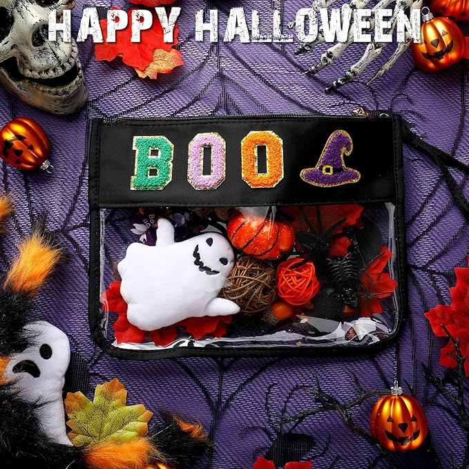 Remerry 2 Pcs Halloween Christmas Chenille Letter Clear Pouch Candy Treat Snack Goodie Bag PVC Makeup Cosmetic Bag Waterproof Preppy Purse Gifts for Women Girls (Boo Pumpkin & Witch Hat Set)