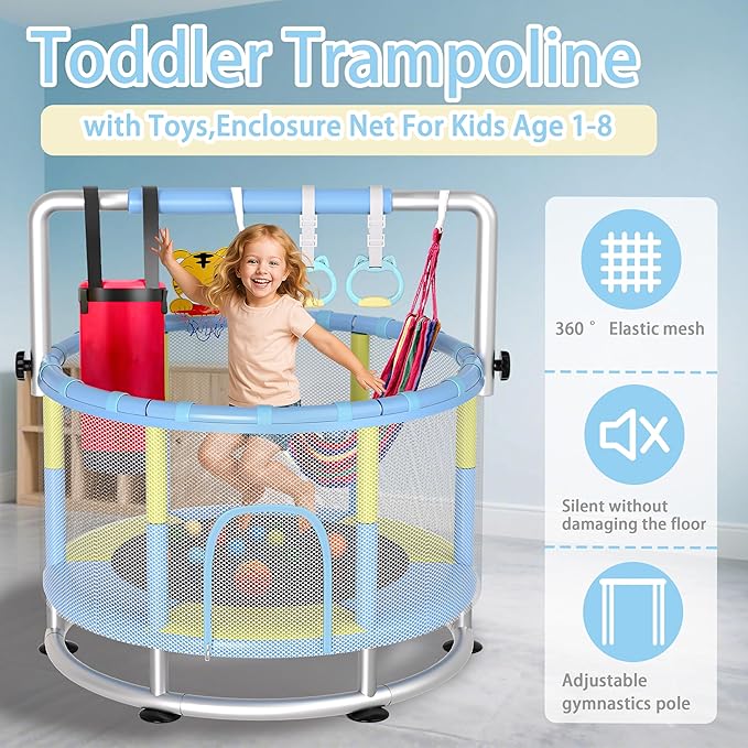 55" Kids Indoor Trampoline with Safety Net, Adjustable Gymnastics Bar & Toys – Indoor/Outdoor Toddler Play Gym for Boys & Girls Ages 3+, Birthday Gifts