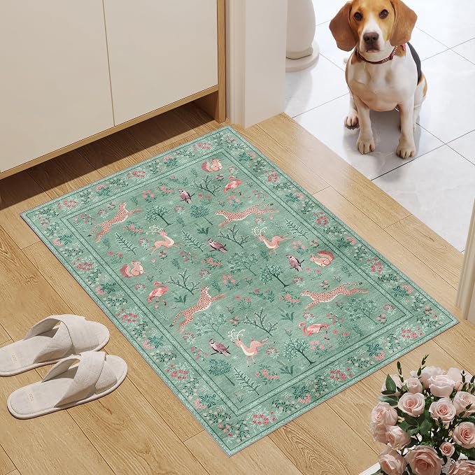 DUKINO 2x3 Entryway Rug, Washable Door Mat Animal Rug for Kitchen, Teal | Non Slip, Low Pile, Soft Indoor Small Rug for Entrance, Bedroom, Bathroom, Laundry, Pet Friendly, Lightweight, Non-Shedding