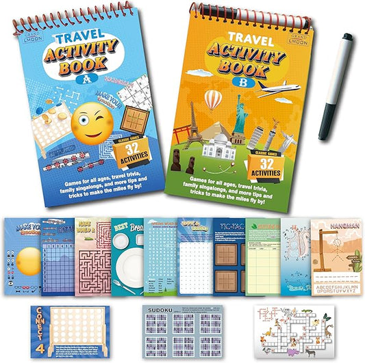 2 Pack Reusable 32 Activity Game Mats Pads with Dry Erase Marker as Travel Toy & Learning Tool for Ages 6-12 (9”X 6”)