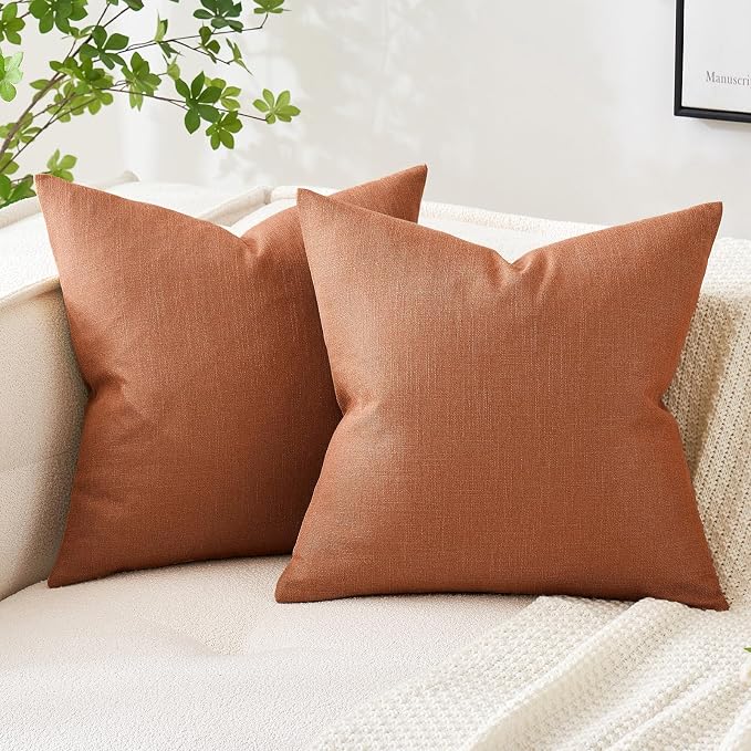 MIULEE Pack of 2 Decorative Linen Burlap Textured Pillow Covers Fall Farmhouse Boho Accent Pillowcases for Sofa Car Couch Bedroom Living Room Decor 18x18 Inch Rust