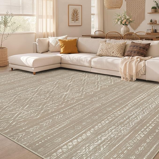Nakagishi Area Rug Living Room Rugs: 6x9 Large Soft Machine Washable Boho Moroccan FarmNeutral Stain Resistant Indoor Floor Carpet for Bedroom Under Dining Table Home Office Decor-Dark Brown