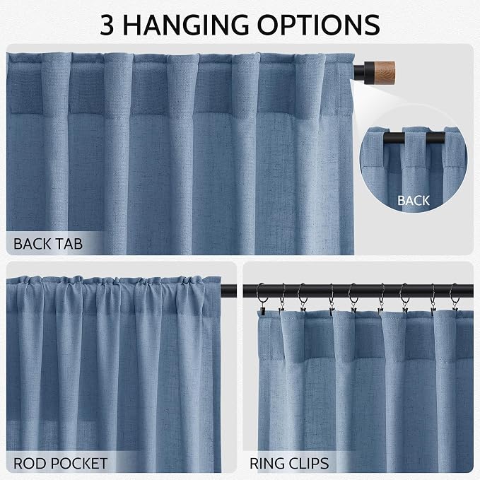 Nanspring Stone Blue Linen Curtains 96 Inches Long for Bedroom Back Tab Modern Simplicity Farmhouse Coastal Decor Light Filtering Curtain for Living Room Dinning Room 52x96 8 FT,2 Panels