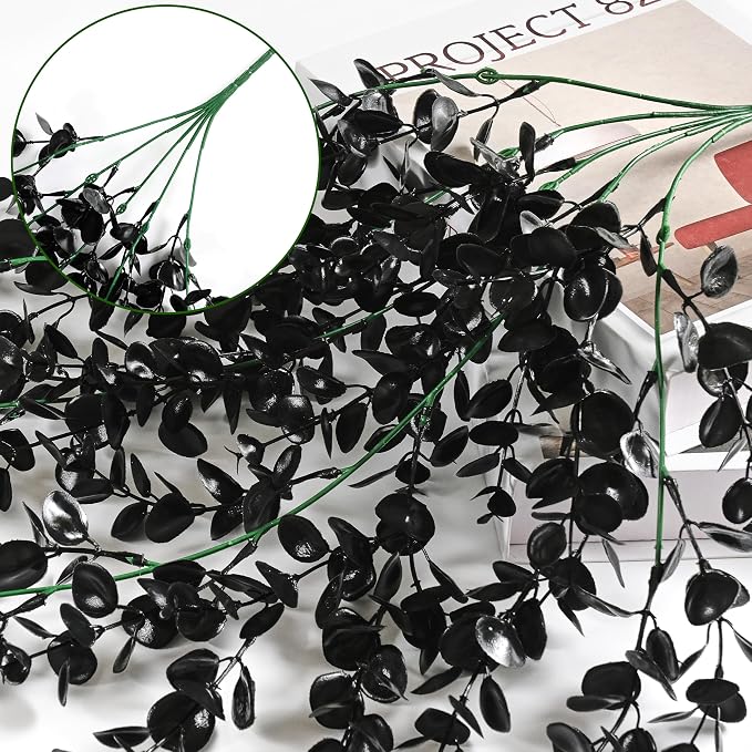 Waipfaru 4Pcs Artificial Hanging Plants, Black Halloween Wall Decor | Fake Plants Eucalyptus Leaves for Outdoors UV Resistant Plants Outdoor Indoor Bedroom Living Room Porch Shelf Decor
