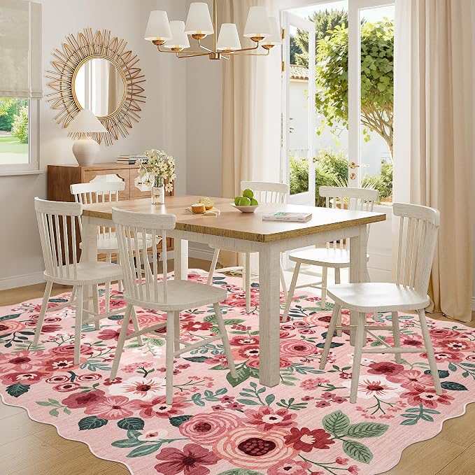 DUKINO 8x10 Area Rug for Living Room, Floral Washable Rug Non Slip, Pink | Soft, Low Pile, Stain Resistant Throw Large Rug for Bedroom, Dining Room, Nursery, Kids Playroom, Pet Friendly, Home Decor