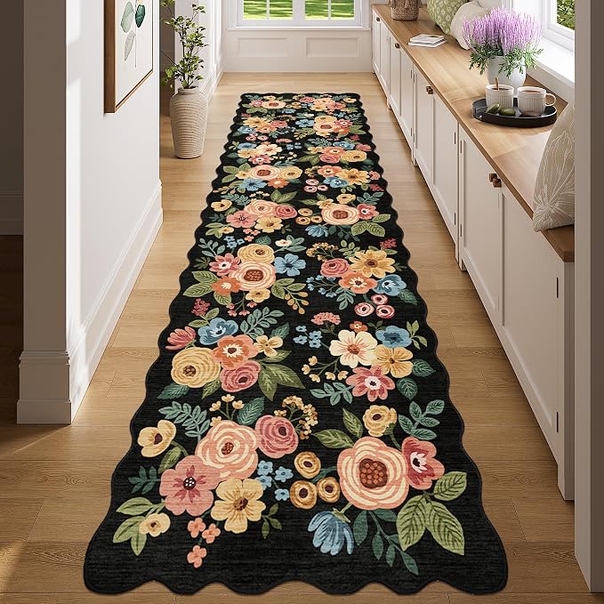 DUKINO 2x7 Runner Rug for Hallway, Floral Washable Rug for Kitchen, Black | Low Pile, Stain Resistant, Soft Throw Carpet Runner for Entryway, Bedroom, Bathroom, Laundry, Pet Friendly, Modern Home Decor