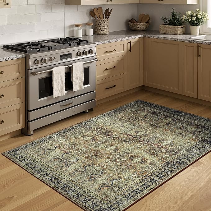 3x5 Area Rugs for Entryway, Brown Washable Non-Slip Area Rug for Kitchen | Low Pile Soft Small Rugs, Vintage-Style Carpet for Bathroom Bedroom Tool Room, Stain Resistant, Foldable Distressed Rug