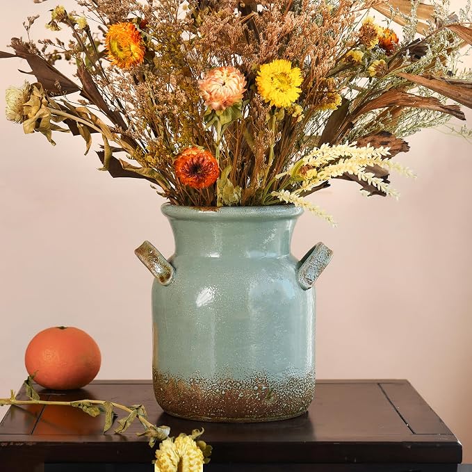 Quoowiit Ceramic Rustic Farmhouse Vase, Distressed Decorative Flower Vases for Home Decor, Ideal Shelf Decor, Green Boho Vase for Living Room Bedroom Kitchen Office Centerpiece Table Decorations