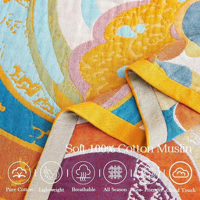 XIBLC Boho Throw Blanket, Lightweight Blankets for Summer, 100% Cotton Bohemian Decorative Throw Blanket, 90"x98" Reversible Muslin Breathable Woven Farmhouse Blankets Quilt,