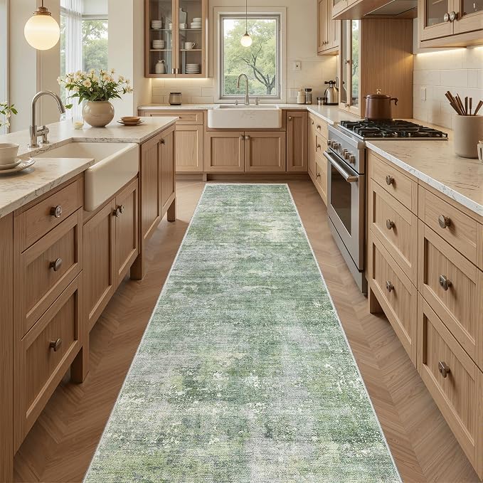 Soalmost Abstract Runner Rug 2x8 Hallway Kitchen Runners Green/Ivory | Vintage Washable Rugs for Bathroom Laundry Room, Low Pile Stain Resistant Floor Carpet Mat Entryway Corridor Bedroom