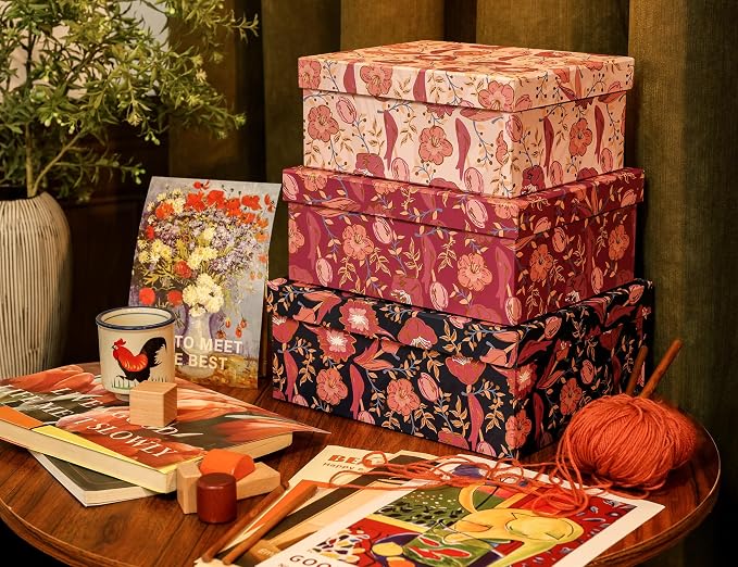 3-Piece Decorative Storage Boxes with Lids, Tulip Cherry Blossom with Gold Foil, Cardboard Paperboard Keepsake box Set, Photo Storage Box for Memory, Home Decor, Modern Decoration Organizer