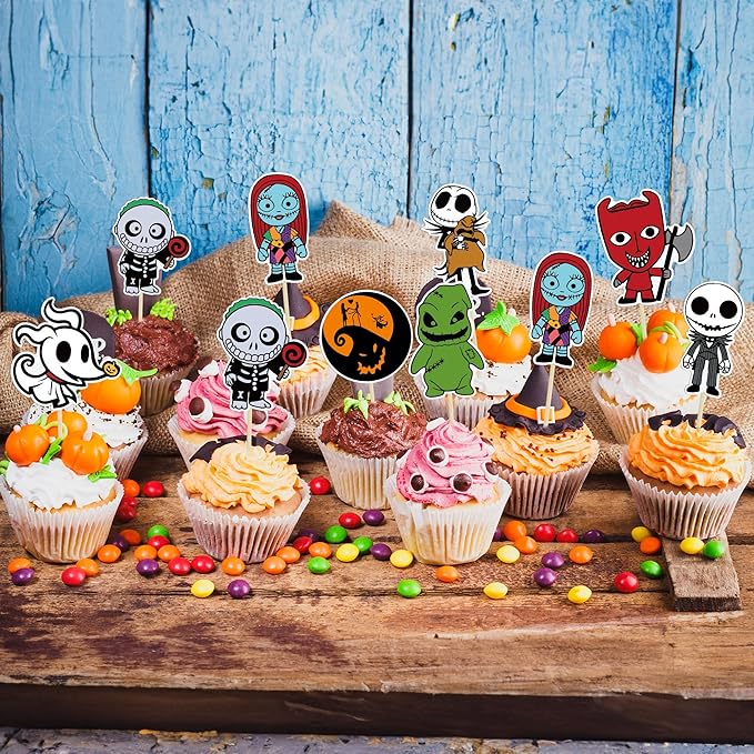 Gyufise 40Pcs Skellington Halloween Cupcake Toppers Glitter Skull Ghost Cupcake Picks for Nightmare Theme Wedding Anniversary Birthday Party Cake Decorations Supplies