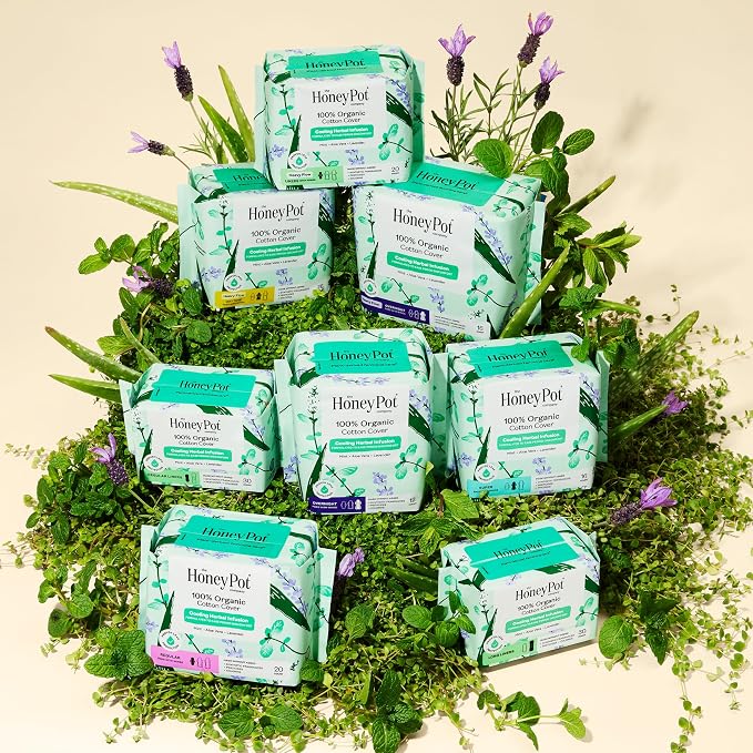 The Honey Pot Company - 44ct - Herbal Sanitary Pads for Women - Heavy Flow Overnight w/Wings - Infused w/Essential Oils for Cooling Effect & Organic Cotton Cover - Feminine Care