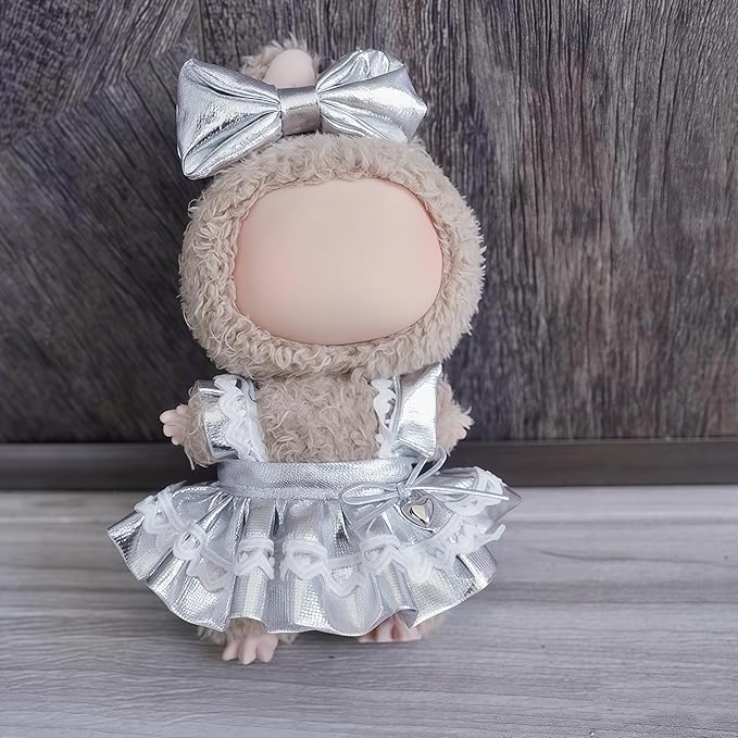 Clothes for Labubu, 2-Piece Skirt & Bow Hair Accessories Outfit Set for Labubu Doll - 17cm Dolls Clothes Cute & Silver Overalls Skirt (NO Doll)