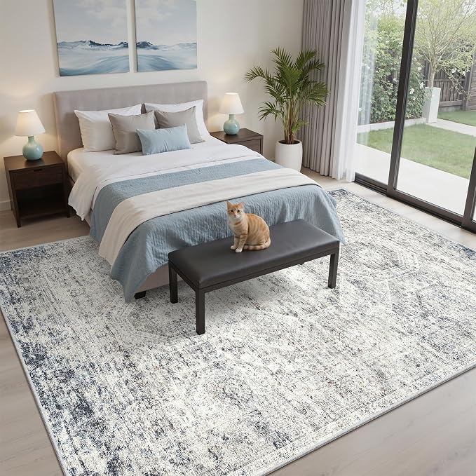 Soalmost 6x9 Area Rug for Living Room Washable Rugs Non-Slip Blue/Ivory | Low-Pile Vintage Carpet for Dining Bedroom, Foldable Thin Stain Resistant Floor Mat Under Table Home Office Nursery Decor